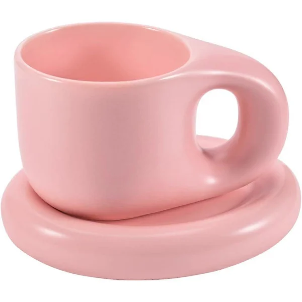 Keramisk Kaffe Chubby Mugg Set med Fat, Kreativ Söt Tjockt Handtag Kopp med Fat för Kontor och Hem