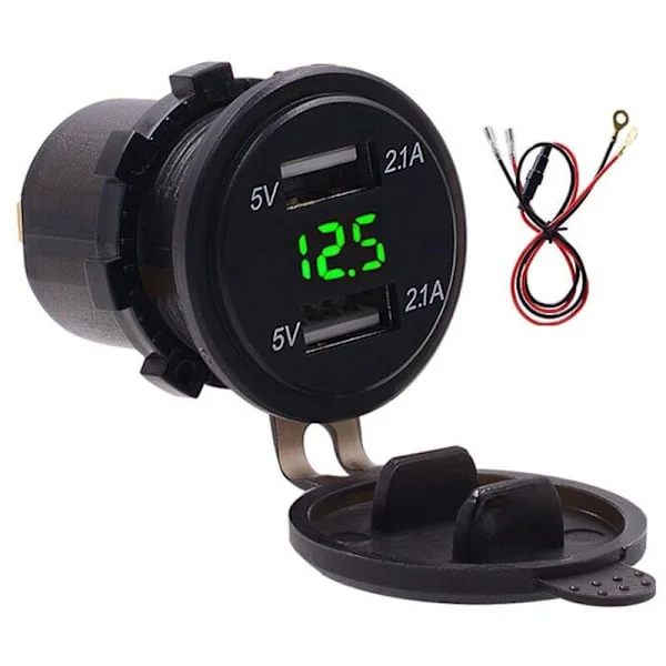 Vanntett dobbel USB-lader for mobiltelefon 4.2A lader LED digitalt display voltmeter med 23,6" linjegrønn DC12-24V