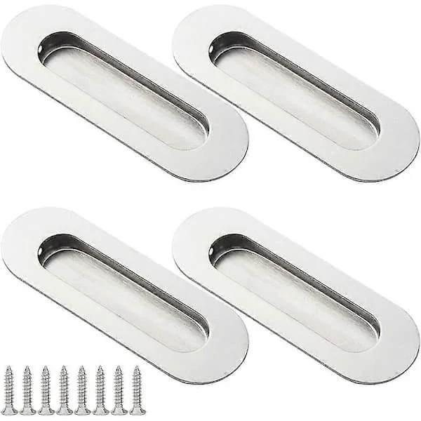 4-Piece Sliding Door Handle Oval Recessed Handle Bowl Handle Stainless Steel Flush Door Handle with Screws for Cabinet Sliding Doors Silver
