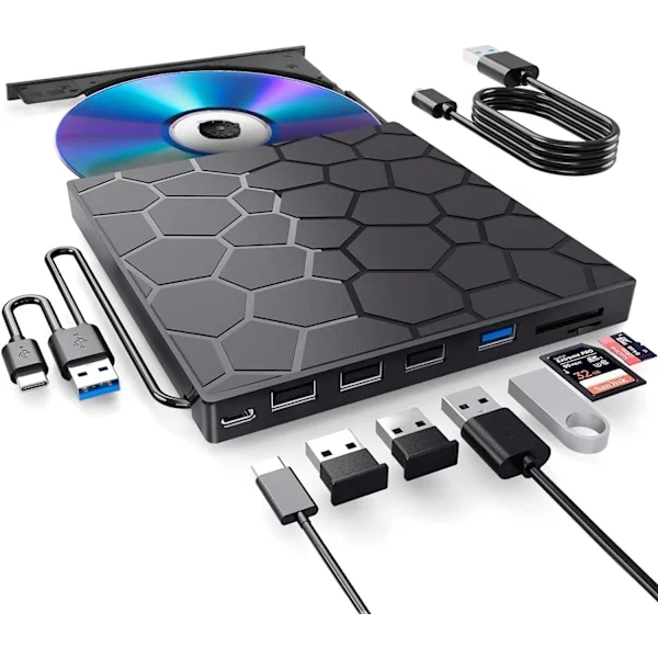 Extern CD/DVD-enhet, 8 i 1 USB 3.0 Ultra-Slim Portabel, CD-brännare Extern Diskenhet (Svart)