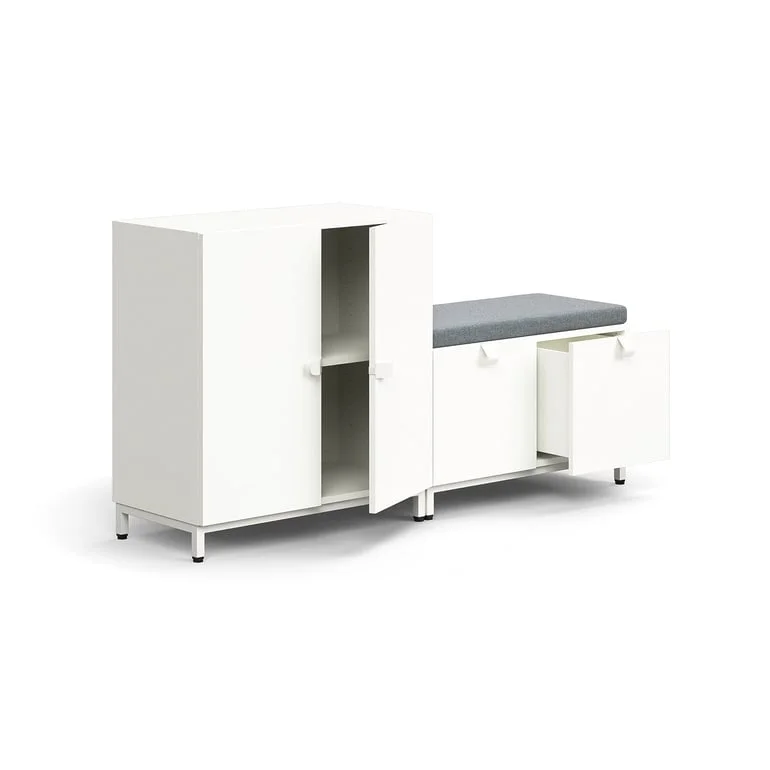 Storage unit QBUS, cabinet + storage bench, leg frame, handles, 868x1600x420 mm, white, grey cushion