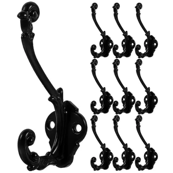 10 Pcs Antique Wall Hooks Heavy Duty Coat Hooks Wall Mounted Hooks Hanging Clothes Hook [DB] Black 9.40X5.10X2.90CM Black Black