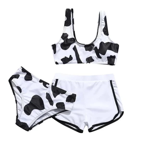 Jentenes 3-delte badedrakter med ku-trykk Bikini badedrakt med shorts