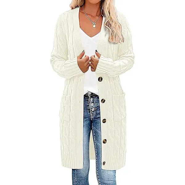 Women's Long Sleeve Cable Knit Long Cardigan Open Front Sweater with Buttons Outerwear White 3XL