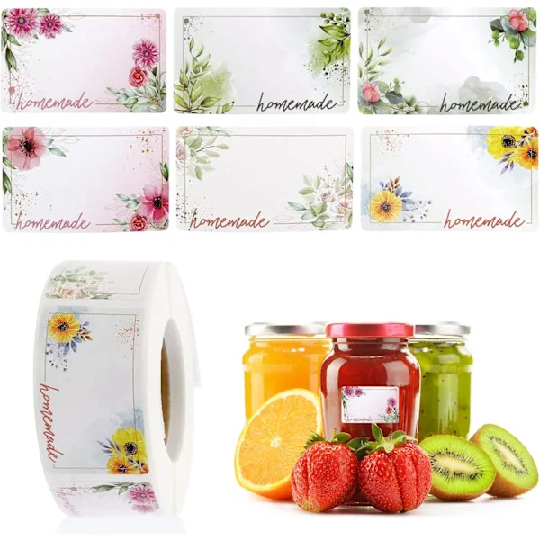 500 styk syltetiketter, rektangulære blomstrede selvklæbende etiketter