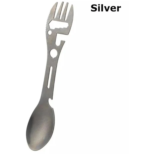Rostfritt stål sked och gaffel 10-i-1 multiverktyg med kniv, flasköppnare och skruvmejsel, perfekt för picknickar, resor, vandring och fiske i silver.