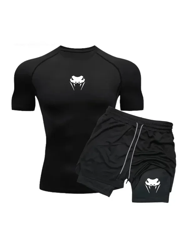 AliExpress - Kompressions-Sport-Fitnessbekleidung für Herren – schnell trocknende, enge, kurzärmlige Anime-Doppelschicht-Shorts, Sommer-Set, Fitness-