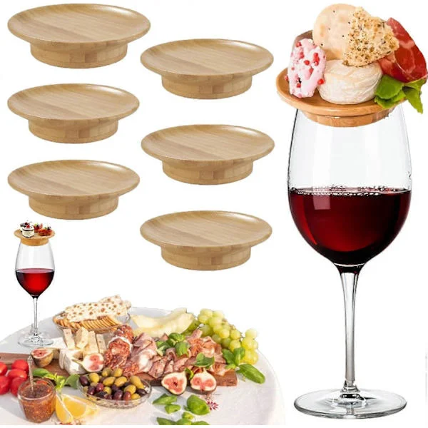Sæt med 6 dekorationer til vinglas, charcuteri, bambus vinglas, charcuteribakke, aperitifbakker til vinglas 6 dele.