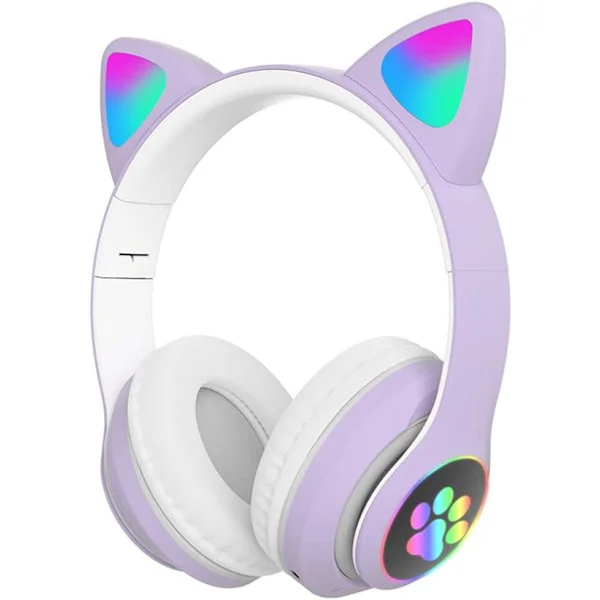 Vikbara trådlösa Bluetooth-hörlurar för barn - LED-ljus lila, justerbart over-ear-headset för skola och resor lila