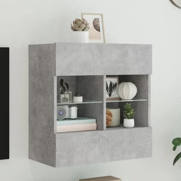 vidaXL TV-möbel med LED-lampor, väggmonterad tv-bänk med hyllor, svävande tv-möbel för vardagsrum, modern, grå 837095