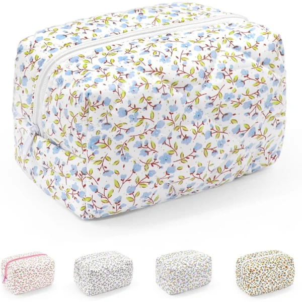Small Makeup Bag, Cotton Portable Toiletry Bag, Quilted Floral Cosmetic Bag Wash Organizer Pouch for Women Girls Ladies Blue Blue