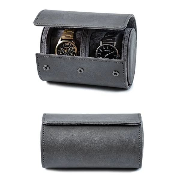 Watch Box with 2 Compartments, Watch Roll with Glass Lid, Watch Box with Removable Watch Pillow, Watch Storage for Men (Grey)