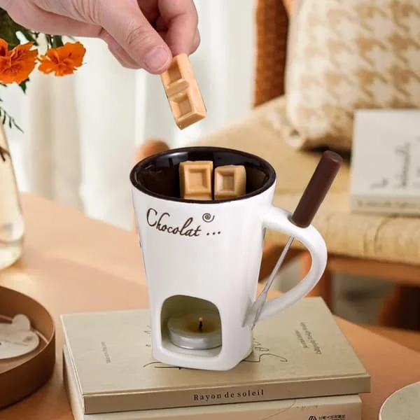 Chocolate Fondue Set with Warmer & Forks - Dessert Melting Pot Mug-FX-
