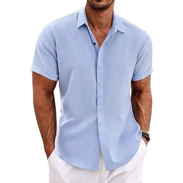 Linneskjortor för män Kortärmade vardagsskjortor Button Down-skjorta för män Strand Sommar Himmelblå