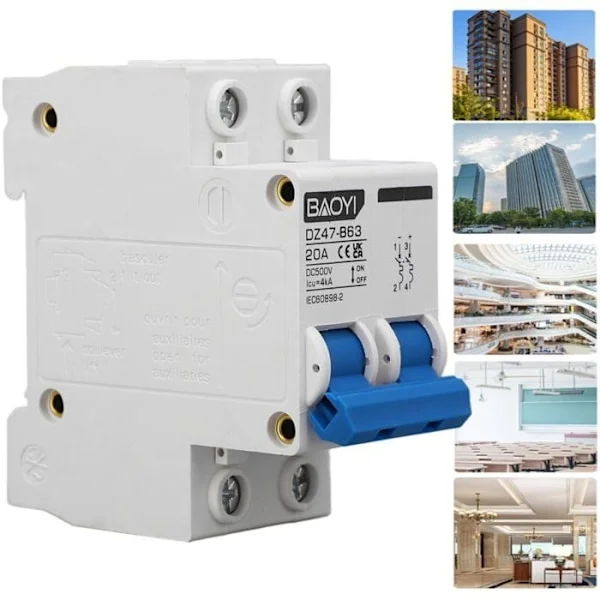DC 2P Type B Miniatyr Strømbryter DIN Skinne Sikring for Solcelleanlegg DC500V 20A YYV