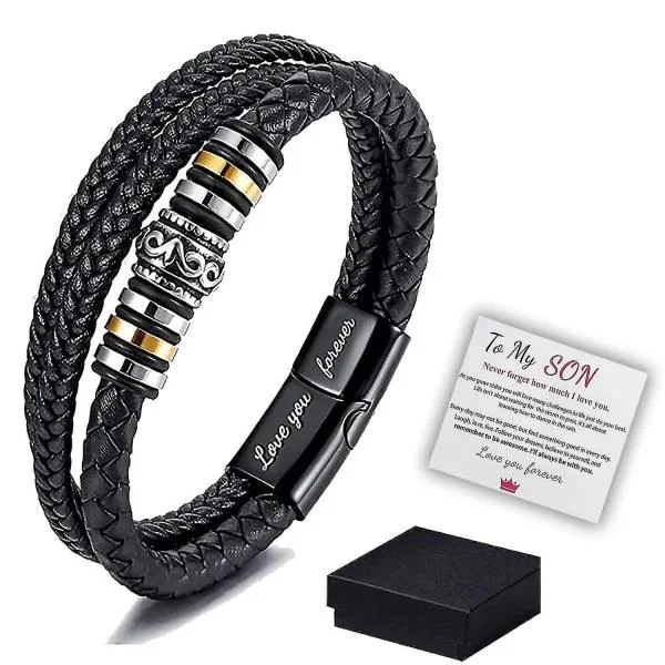 Till min son - Älskar dig för alltid Läderarmband, Flätat läderarmband för män