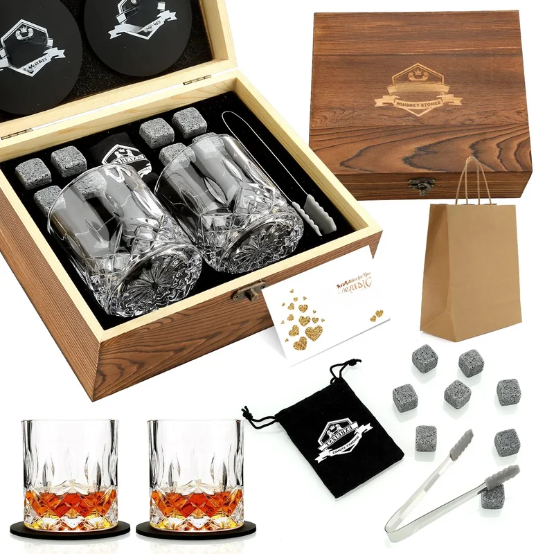 AliExpress - Ensemble de verres à whisky et à charbon, glaçon en granit pour whisky, roches refroidissantes dans une boîte en bois, meilleur cadeau 