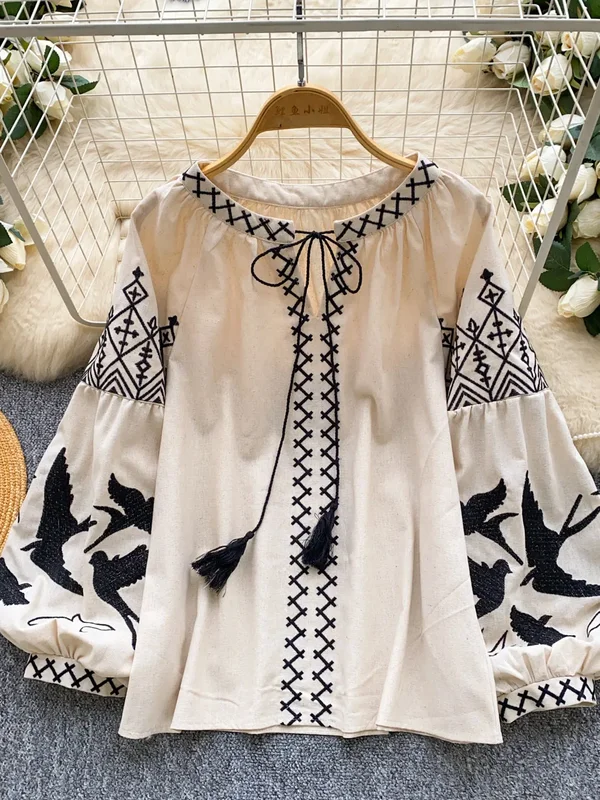 AliExpress - Damen Herbstbluse im Boho-Stil, strapazierfähig, V-Ausschnitt, bestickte Bluse, koreanisch, langärmlig, lockere Passform, Quasten-Design,