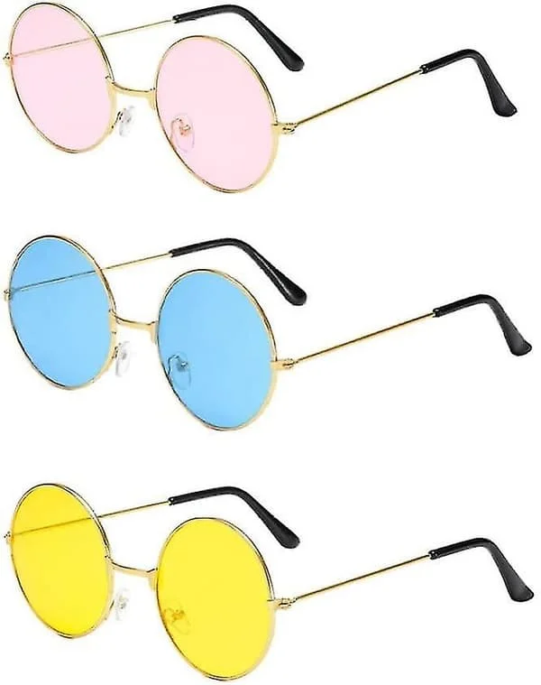 Runda solglasögon Retro Hippie Runda Färgade Glasögon Blå Rosa Gula Linser 3 Par, Färgade Solglasögon (Rosa+Gul+Blå 3 Stycken)