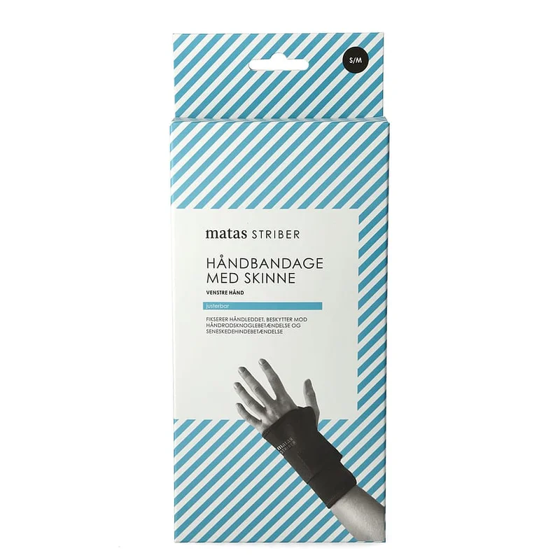 Spar 20% • Køb 2, Matas Striber Håndbandage med Skinne Sort Venstre S/M, Medicin & Pleje, Støttebind, Håndledsstøtte