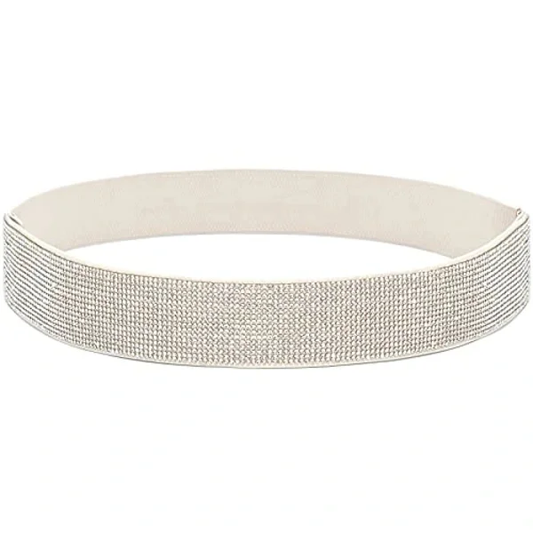 Elastisk Rhinestone-belte for kvinner Elastisk Bling Krystall Bredt Midjebelte til kjole, Hvit Diamant + Hvit Belte