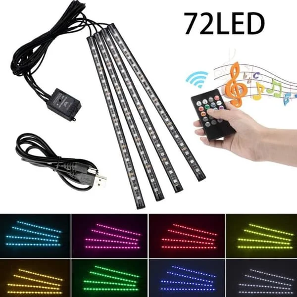 72 LED Bil Interiørlys RGB 8 Moduser LED Strip Lys Bil Interiør Atmosfære Belysning med USB-Port, Trådløs Fjernkontroll