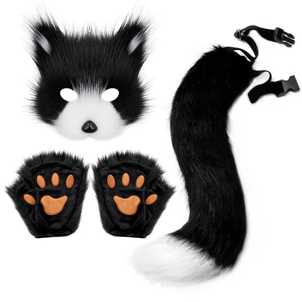 Kunstig Pelsrev Hale Katt Varulv Cosplay Kostyme Sett Plysj Maske Fluffy Lapper Hansker Halloween Jul Svart og Hvit Svart og hvit