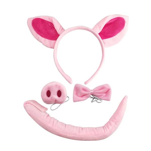 Pig Costume Accessory Set - Pink Fluffy Pig Ears Headband, Bow Tie
