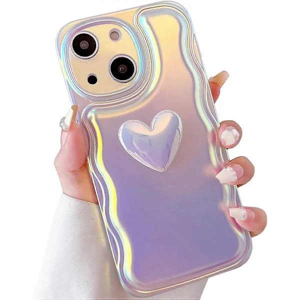 1 st för iPhone 15 Fodral 6,1 tum Söt 3D Kärlek Hjärtvågformad Ram Mjuk Silikon Glitter Laser Färg Glitter Telefonfodral för iPhone 15 för Kvinnor Gi