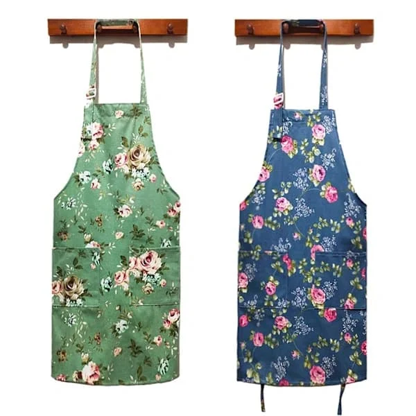 Köksförkläde för dam - 2-pack, blommigt förkläde i bomullscanvas