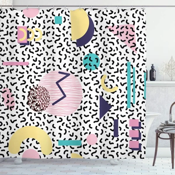 Duschdraperi, Retro Geometriska Former, Tyg Badrumsdekor Set med Krokar, 180 x 200 cm, Marinblå Gul Rosa
