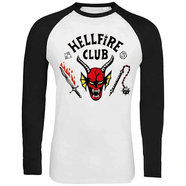 Stranger Things Hellfire Club Raglan T-shirt Rødt Dæmonlogo Bomuld Polyester Baseball T-shirt til Fans og Gamere Sort Hvid