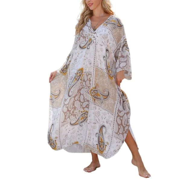 Dame Plus Size Polyester Gullfolie Strandovertrekk Cardigan, Løstsittende V-hals Badetøy Overlay, Elegant Resort Maxi Kjole, Sexy Solbeskyttende Robe