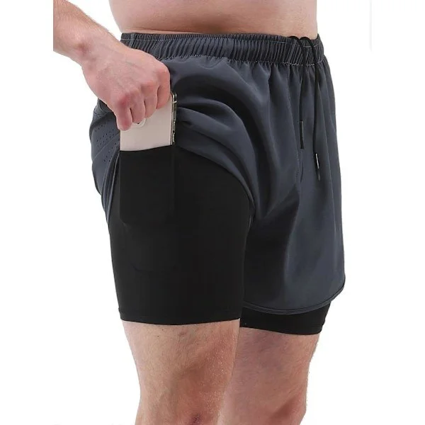 Men's Sports Shorts with Liner 2-in-1 with Pockets Quick Dry Running Cycling Workout Shorts -Sew -Sew Grey Medium Grey-FS-