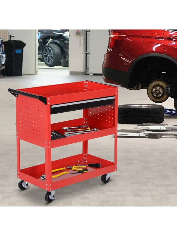 AliExpress - Chariot d'atelier Durhand Chariot à outils avec 3 plateaux et roues de tiroir avec freins Poignée latérale Panneau latéral perforé Rouge
