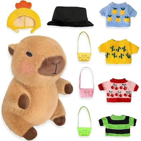 Capybara Plyslegetøj med 9 stk. Tøjtilbehør Pædagogisk DIY Dukke Udklædning Sødt Capybara Udstoppede Dyr til Piger Drenge (FMY)
