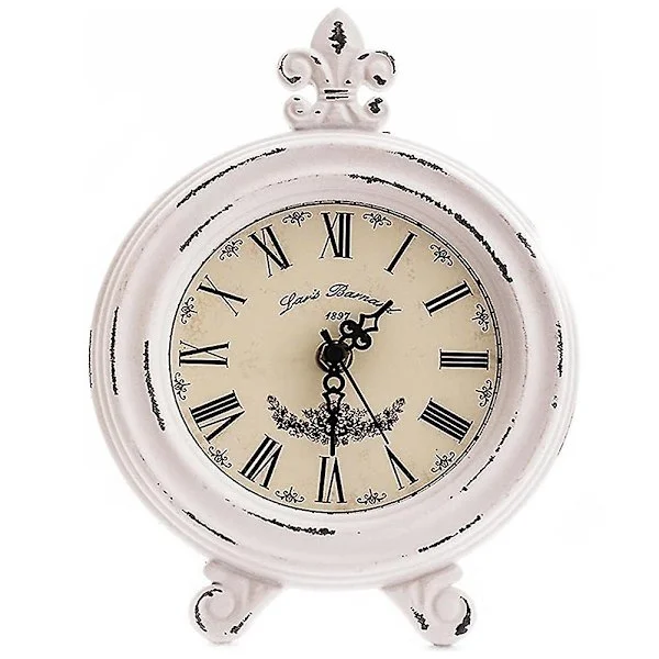 Vintage Wooden Table Clock, Small White Desk Clock, Silent Non-Ticking, Battery Operated, Rustic Farmhouse Decor, Retro Clock