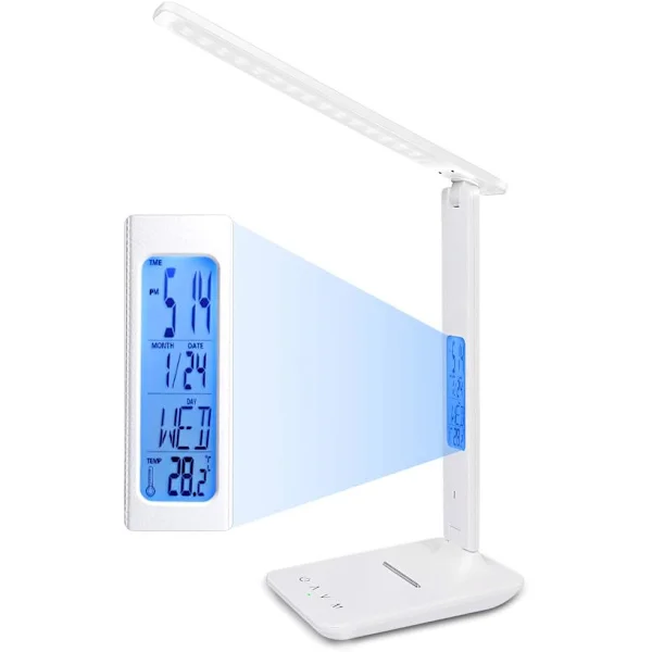 Dimmable LED Table Lamp, 3 Modes/5 Brightness Levels/LCD Display/Alarm Clock/Temperature and Calendar, Eye-friendly Touch LED Desk Lamp White