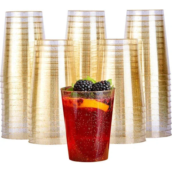 50 Premium tykke plastglass, plastfestglass med gullglitter (285 ml / 10 oz) - Gjenbrukbare plastglass, vannglass