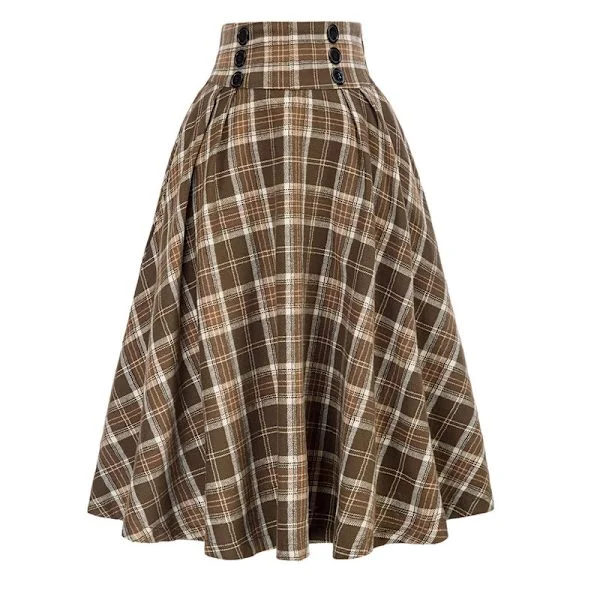 Women's Yellow Plaid High Waisted A-Line Midi Skirt