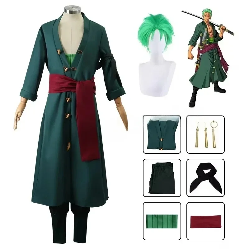 AliExpress - Figurines d'anime Roronoa Zoro, Costume de Cosplay, uniforme manteau vert, pantalon, foulard de tête, perruque Roronoa Zoro, boucles 