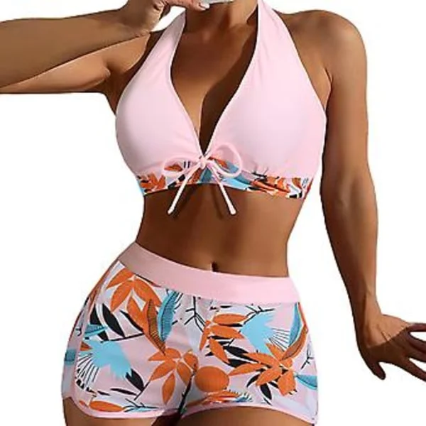 Dame Badetøj Bikini Sæt med Bladprint, Halterneck BH med Sløjfe, Højtaljet Shorts, Sommer Strandtøj (3XL Lys Rosa)
