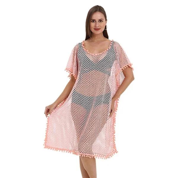 Women's Sexy Swimsuit Cover Up Hollow Out Crochet Cover-ups Deep U-Neck Swimwear Sunscreen Shirt Pullover Beach Dresses One Size Pink Pink One Size
