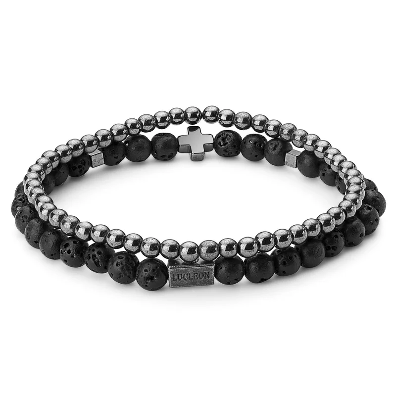 Armbandenset van Lavasteen en Hematiet met Kruis voor mannen - Kralenarmbanden