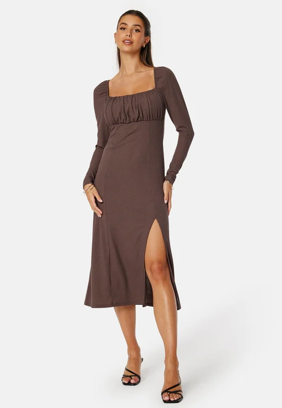 BUBBLEROOM-Rushed Square Neck Midi Dress-Brown-S