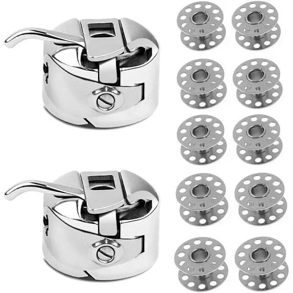MSBD Sett med 10 Metall Symaskin Spole + 2 Spolehus for Toyota, Brother Janome, Elna, Bernina, Singer Maskiner