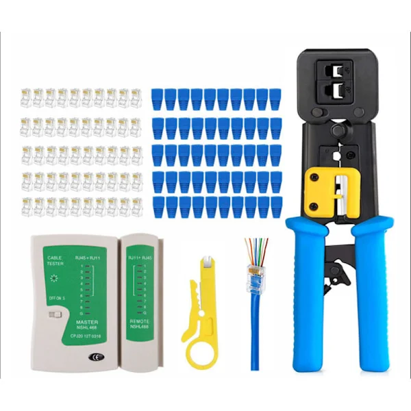 Kabeltestare + RJ45-pressverktyg för CAT6, Cat5e och Cat5-kablar. Pressverktyg för standard RJ45/RJ11-kablar, 50 CAT5- och CAT5e-kontakter.