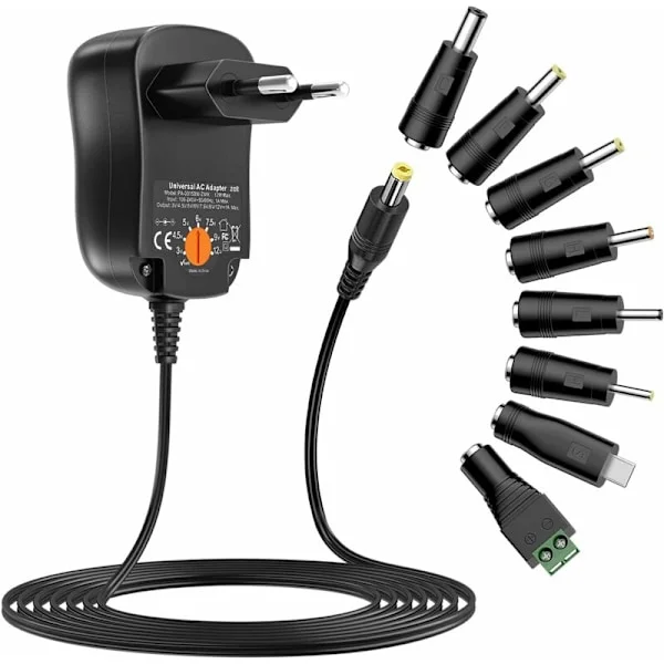 Universell AC/DC-strömadapter 3V 4.5V 5V 6V 7.5V 9V 12V 1A AC-strömförsörjningstransformator med 8 DC-kontakter för hemelektronik, 100