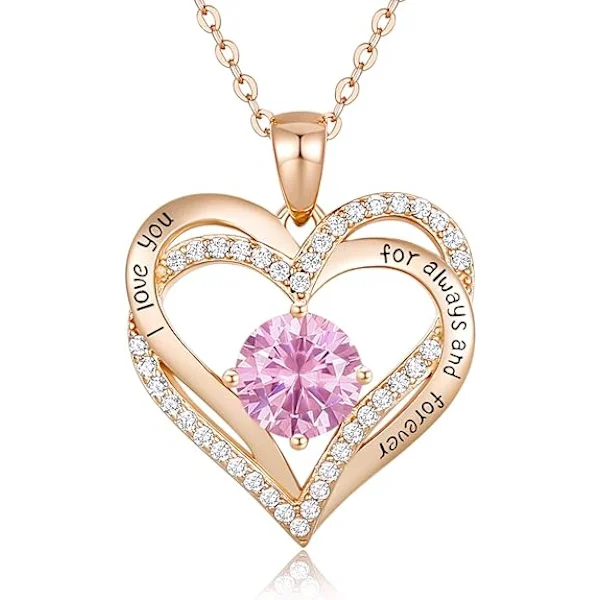 Halsband för kvinnor 925 Sterling Silver Kärlek Hjärtberlock Födelsesten Roséguld Halsband Smyckesgåvor (Oktober)