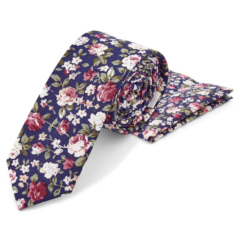 Ensemble de cravate et pochette de costume en coton à motif floral bleu, rose et vert pour hommes - Sets de pochettes de costume - pour Hommes - 